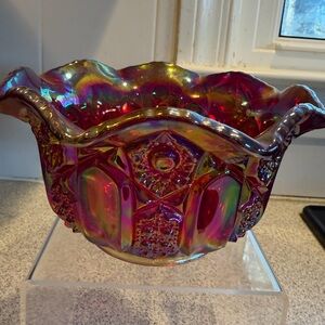 Vtg 70s Cranberry Iridescent Carnival Glass Bowl by L.E. Smith